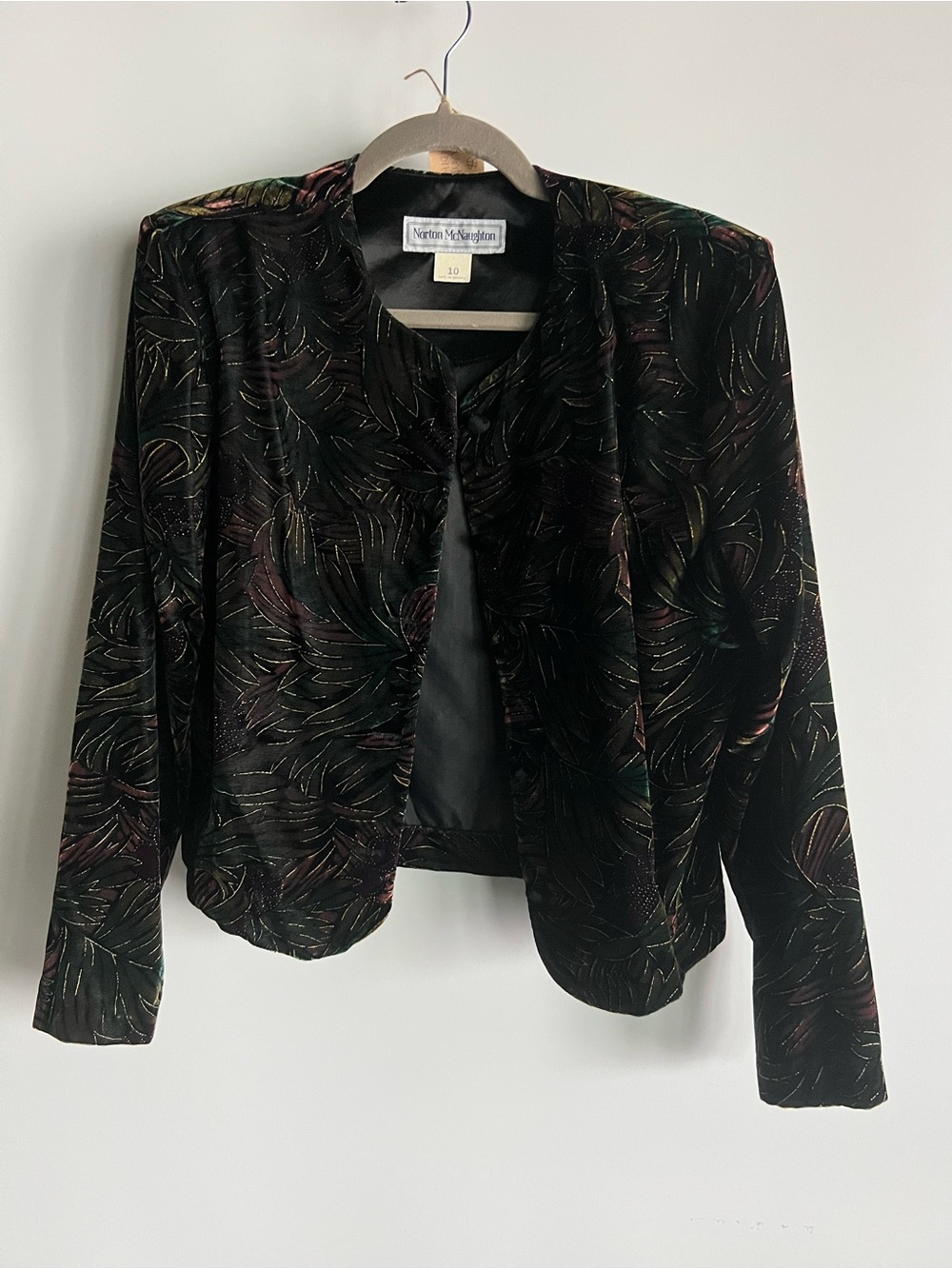 Norton McNaughton Black Velvet Jacket with Multicolor Leaf Pattern